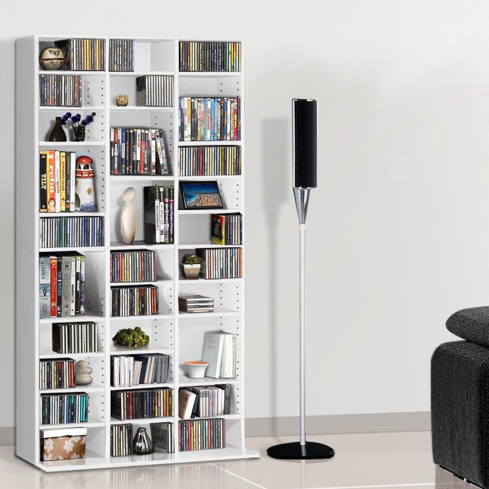 Artiss Adjustable Book Storage Shelf Rack Unit in White, showcasing multiple adjustable shelves for CDs and DVDs.