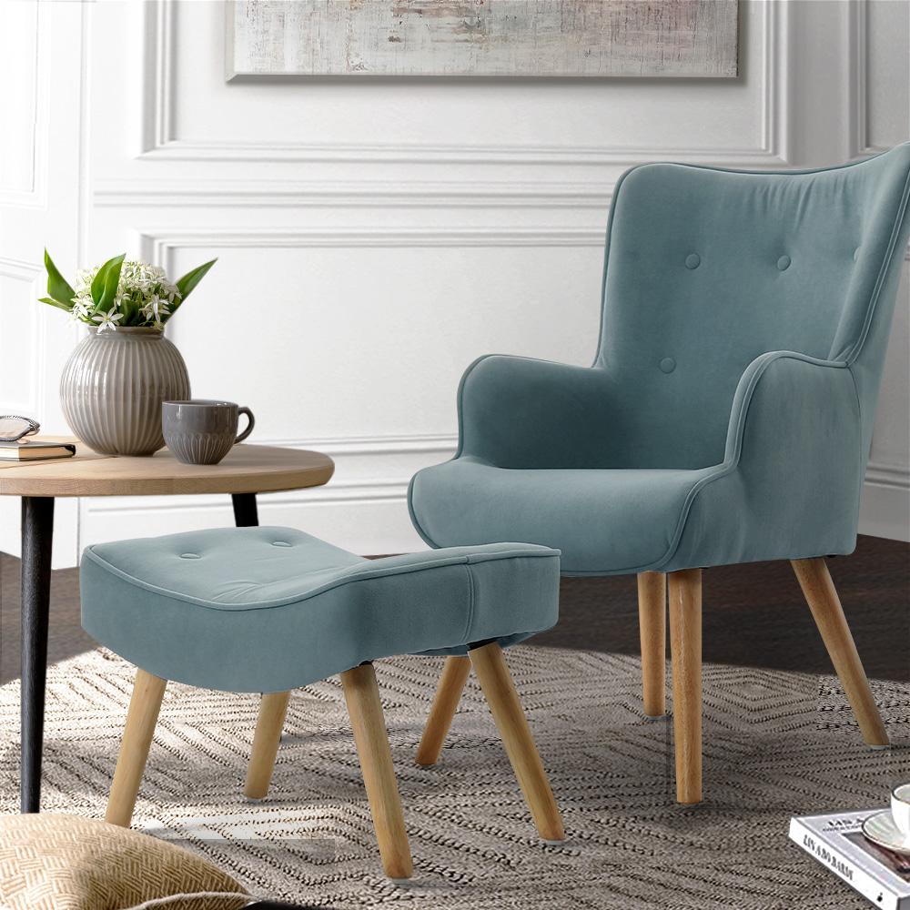 Artiss Armchair Lounge Chair with Ottoman in elegant design, featuring premium linen fabric and sturdy rubberwood legs.