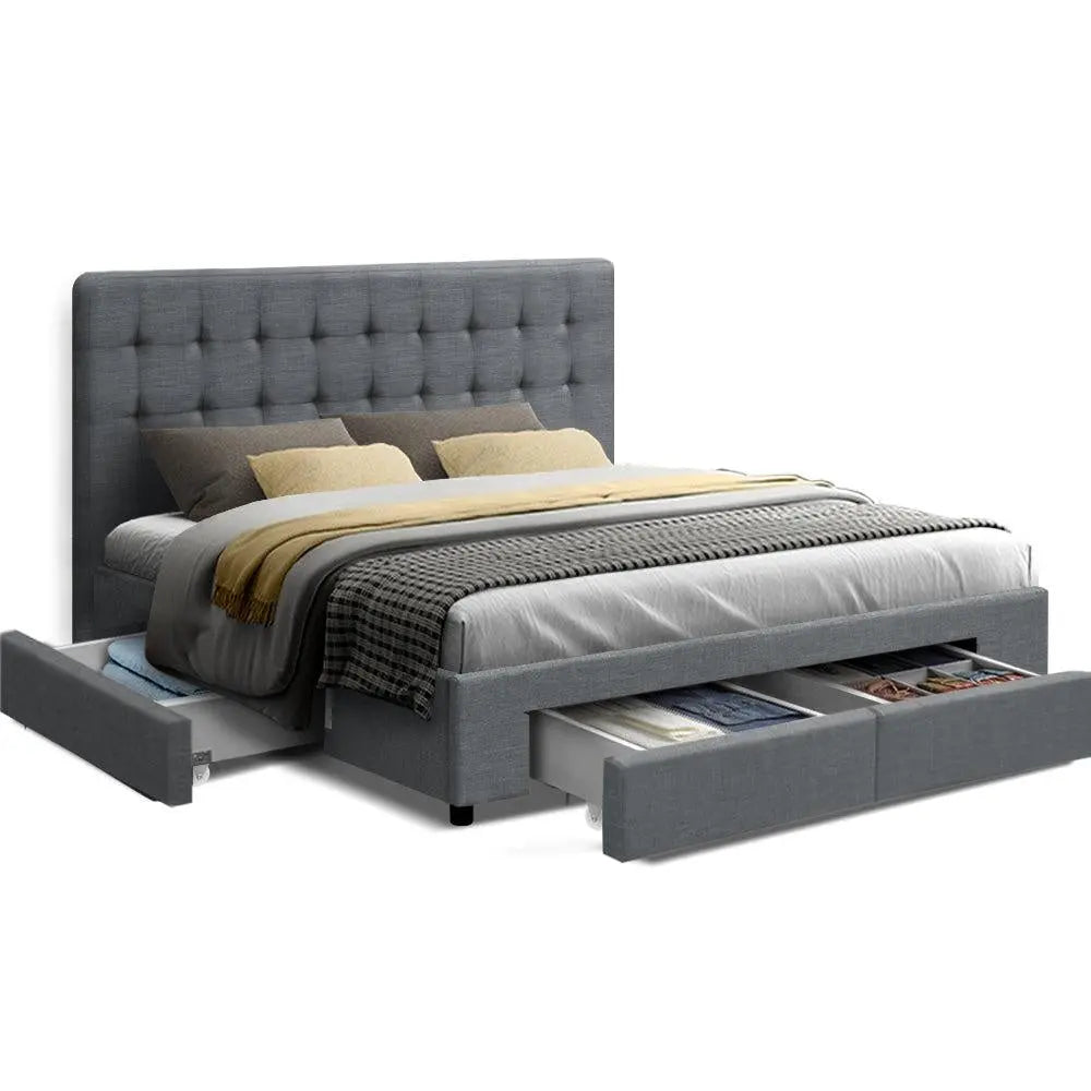 Artiss Avio Bed Frame in grey with tufted headboard and four storage drawers, showcasing a stylish and elegant design.