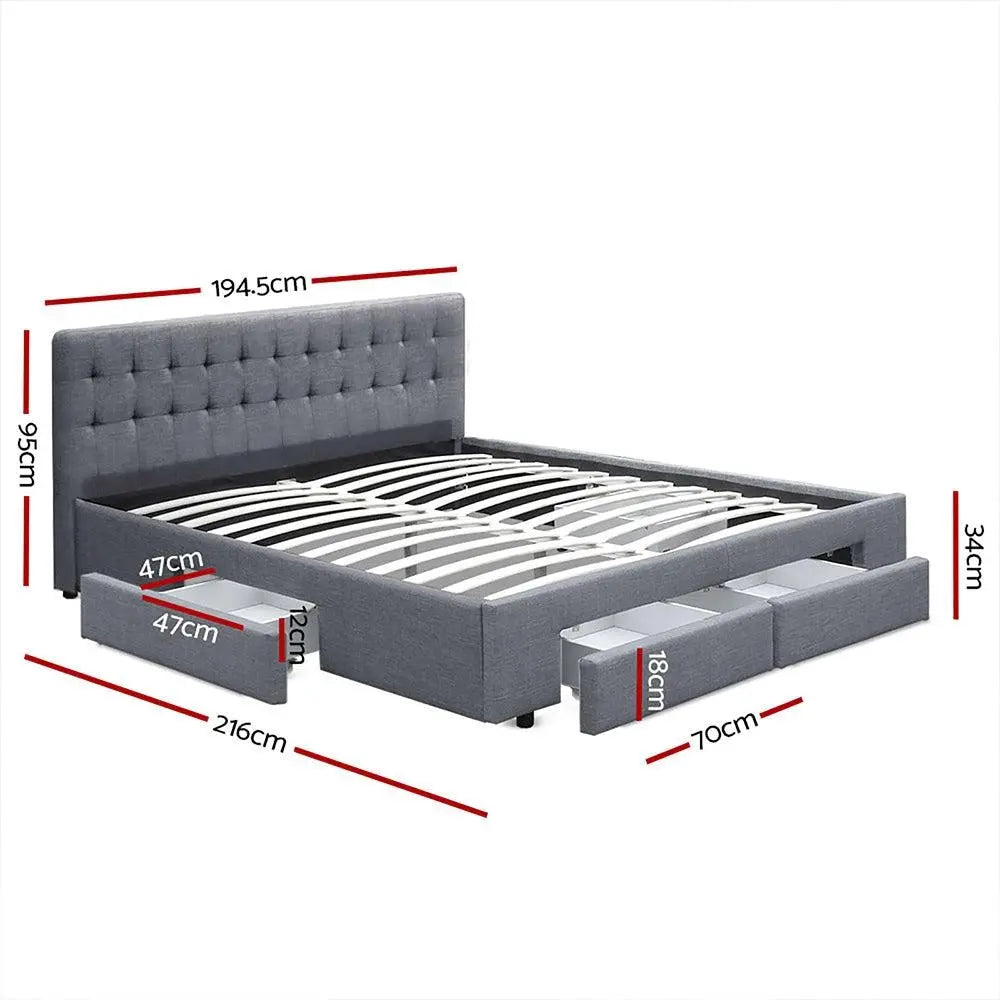 Artiss Avio Bed Frame in grey with tufted headboard and four storage drawers, showcasing a stylish and elegant design.