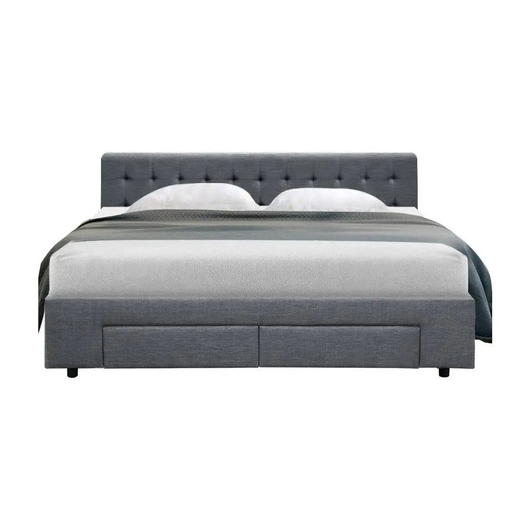 Artiss Avio Bed Frame in grey with tufted headboard and four storage drawers, showcasing a stylish and elegant design.