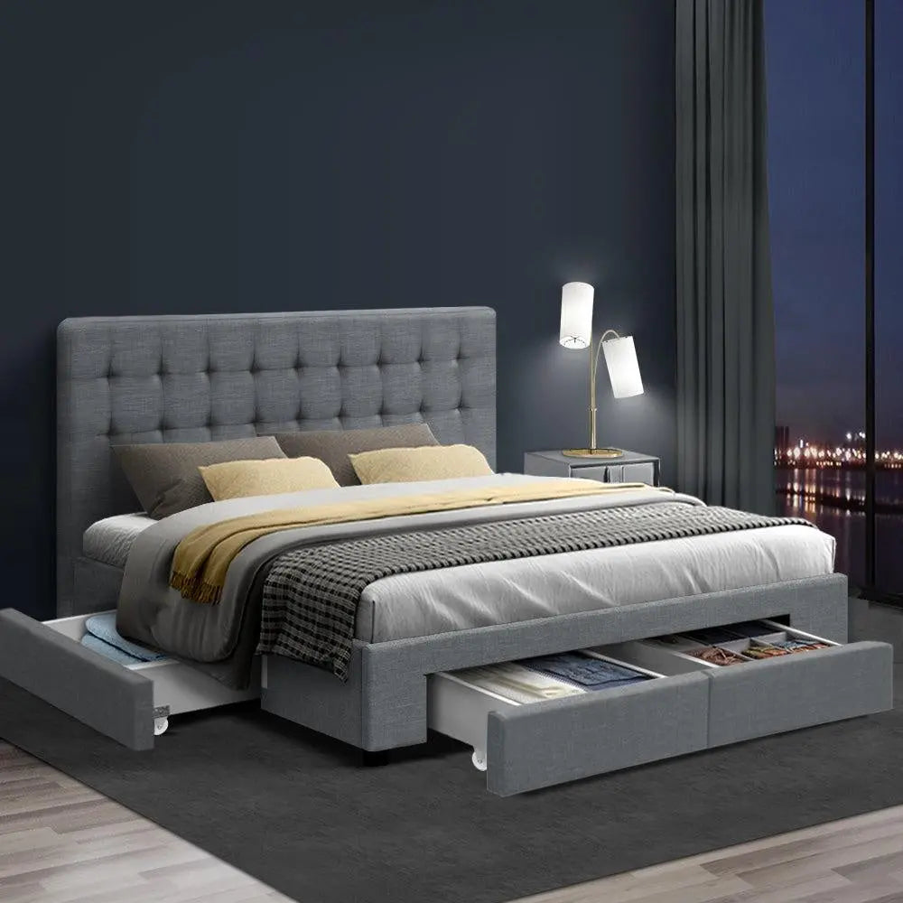 Artiss Avio Bed Frame in grey with tufted headboard and four storage drawers, showcasing a stylish and elegant design.