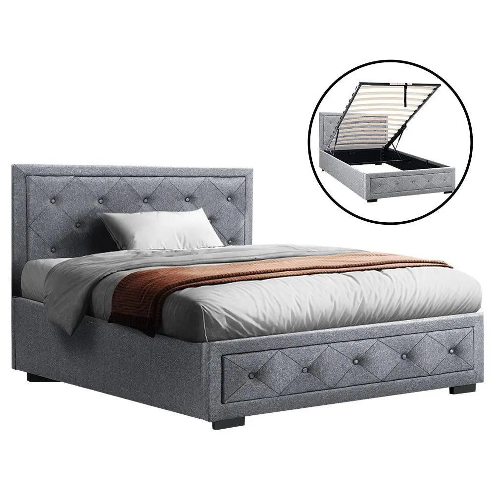 Artiss King Single Gas Lift Bed Frame with plush faux linen upholstery and spacious storage underneath, showcasing a tufted headboard.