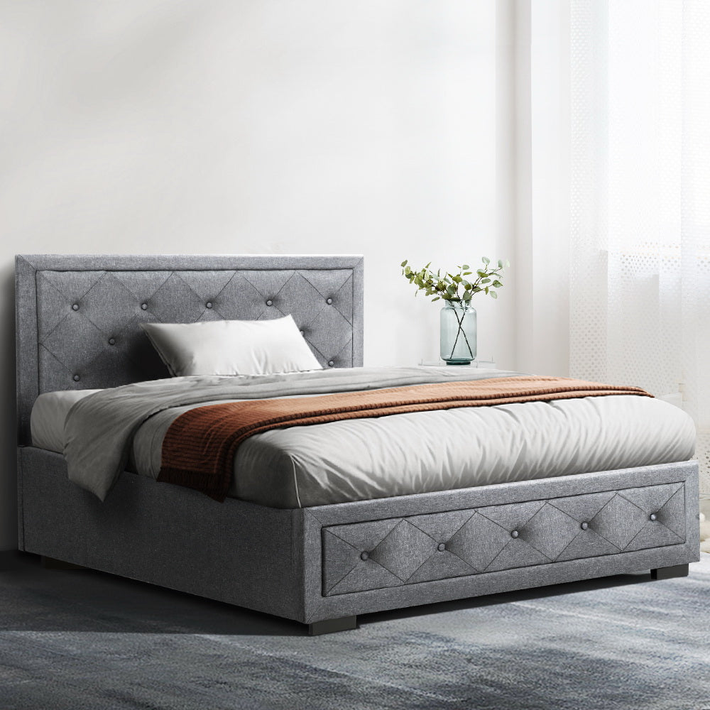 Artiss King Single Gas Lift Bed Frame with plush faux linen upholstery and spacious storage underneath, showcasing a tufted headboard.