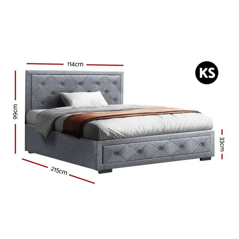 Artiss King Single Gas Lift Bed Frame with plush faux linen upholstery and spacious storage underneath, showcasing a tufted headboard.