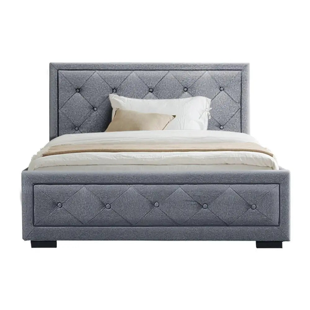 Artiss King Single Gas Lift Bed Frame with plush faux linen upholstery and spacious storage underneath, showcasing a tufted headboard.