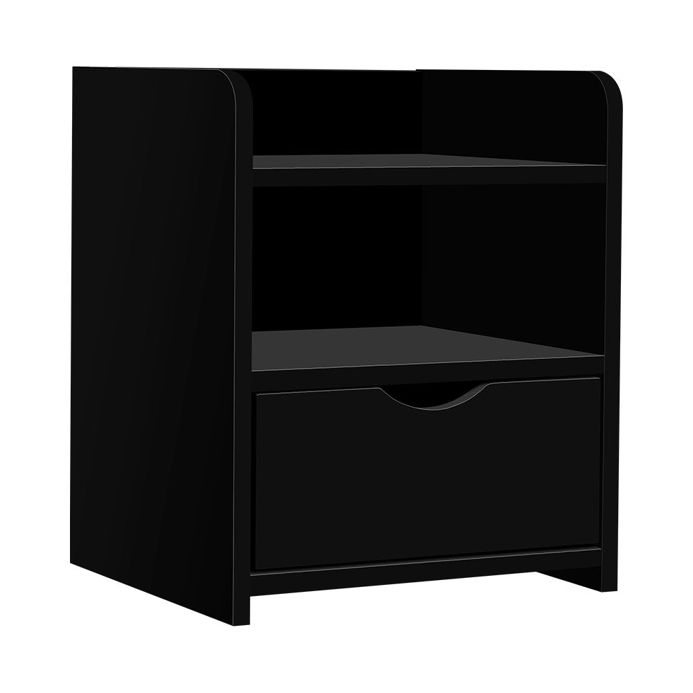 Artiss Bedside Table Drawer in Black with a sleek design, featuring a drawer and two shelves for storage.