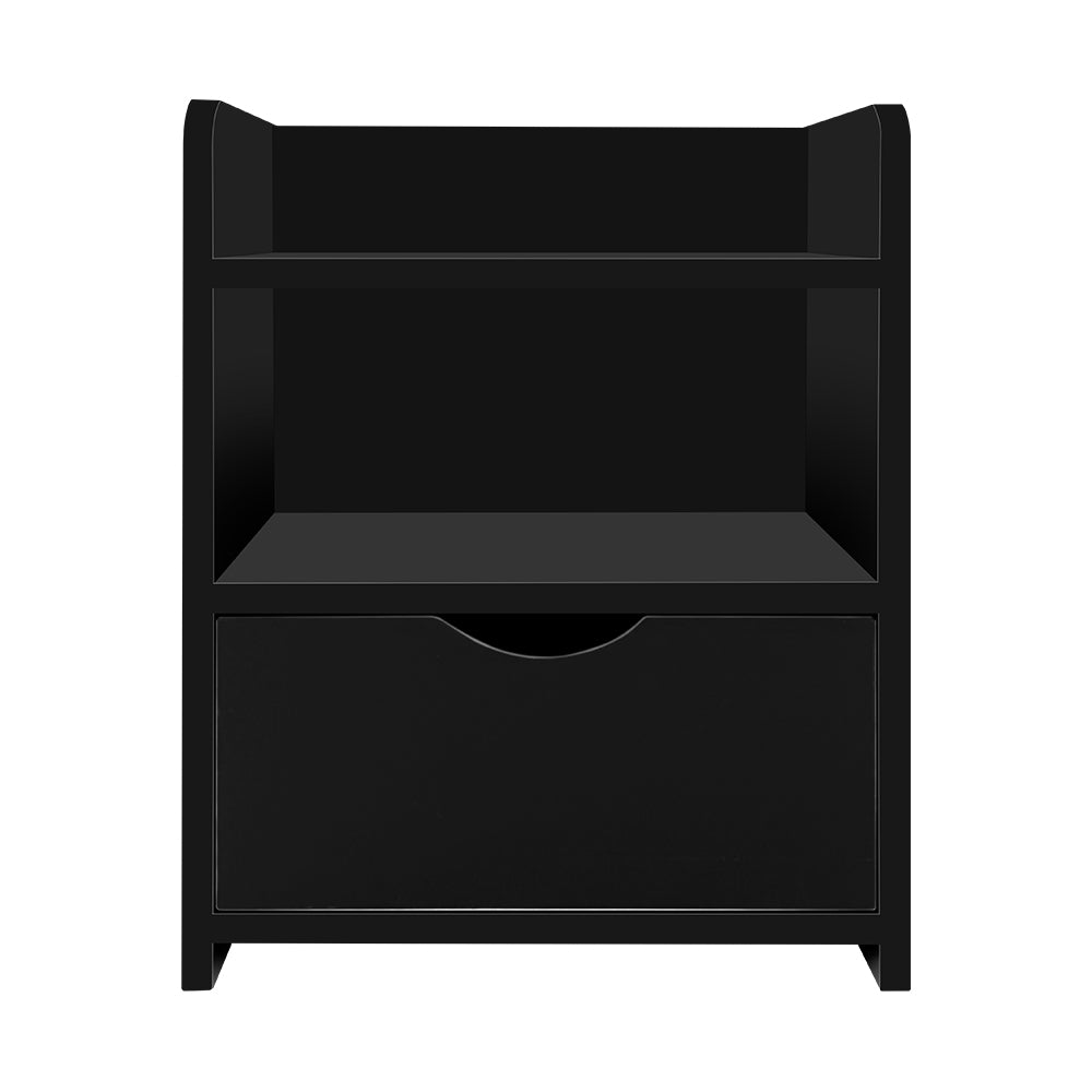 Artiss Bedside Table Drawer in Black with a sleek design, featuring a drawer and two shelves for storage.