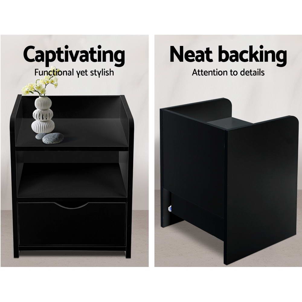 Artiss Bedside Table Drawer in Black with a sleek design, featuring a drawer and two shelves for storage.