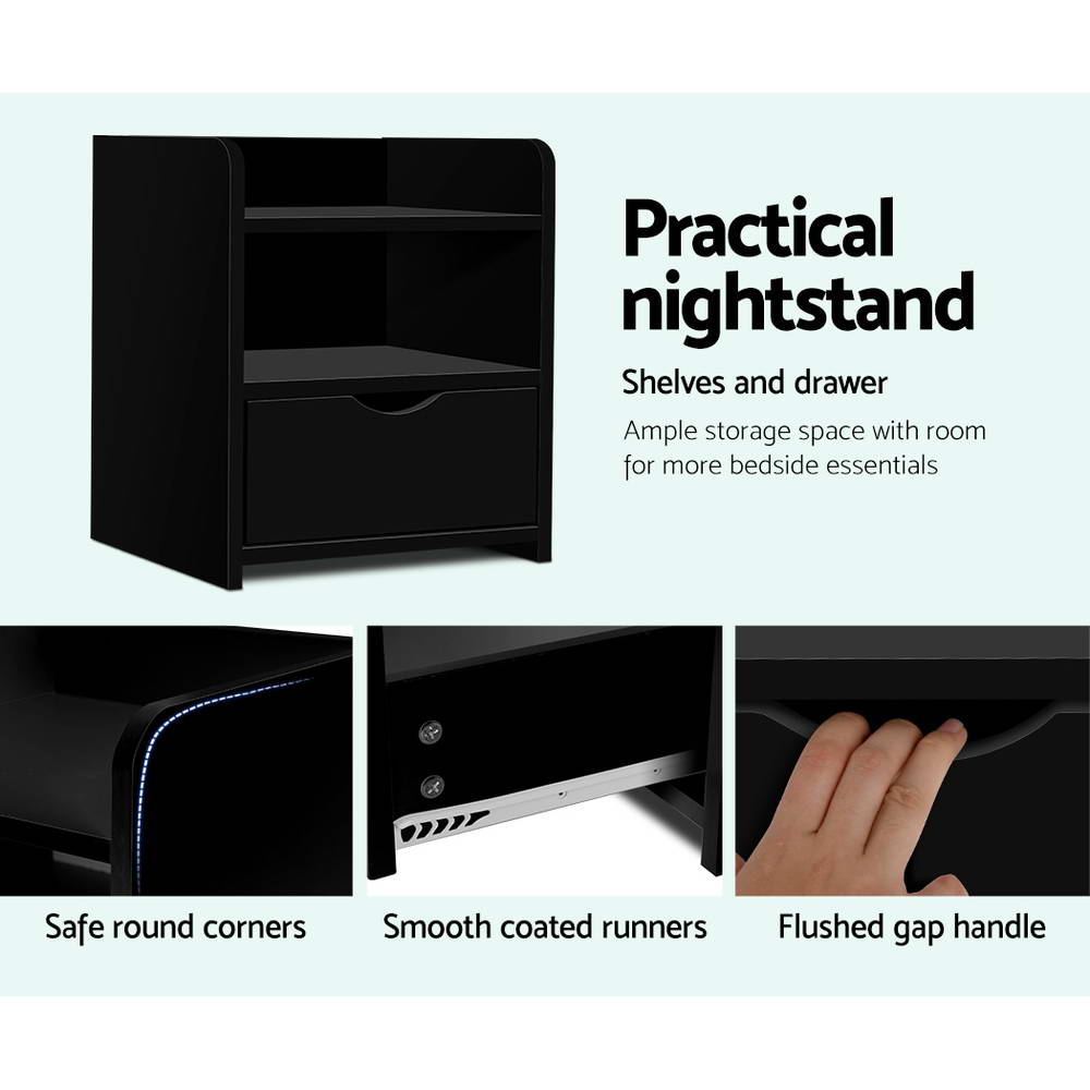 Artiss Bedside Table Drawer in Black with a sleek design, featuring a drawer and two shelves for storage.