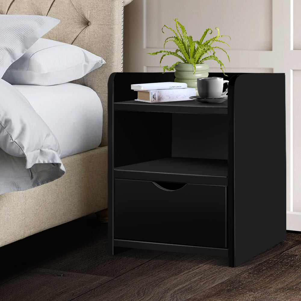 Artiss Bedside Table Drawer in Black with a sleek design, featuring a drawer and two shelves for storage.