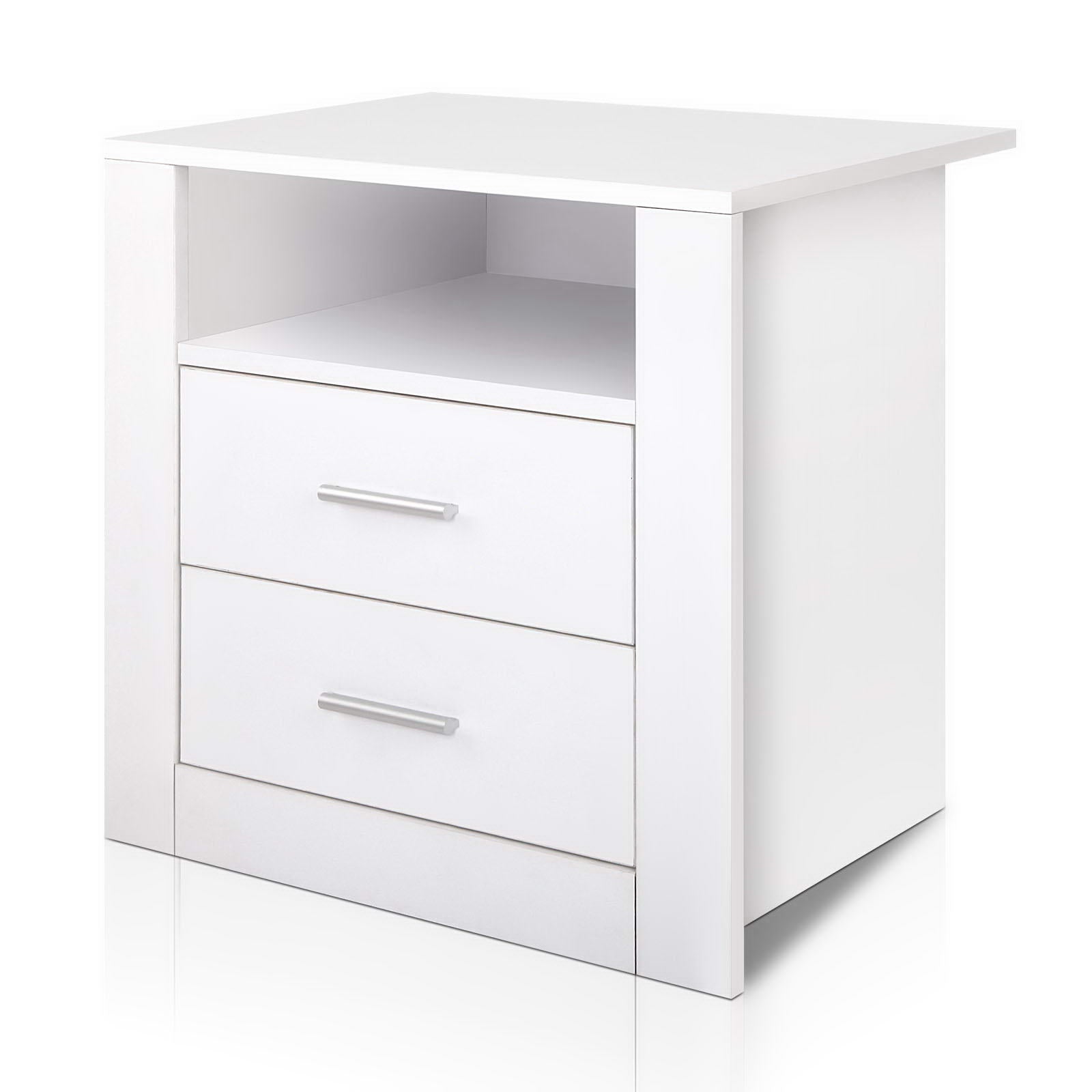 Artiss Bedside Table in white with two drawers and an open shelf, featuring a sleek melamine finish and elegant aluminium handles.