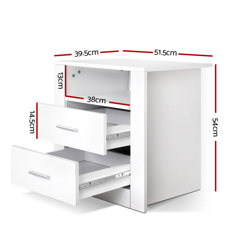 Artiss Bedside Table in white with two drawers and an open shelf, featuring a sleek melamine finish and elegant aluminium handles.