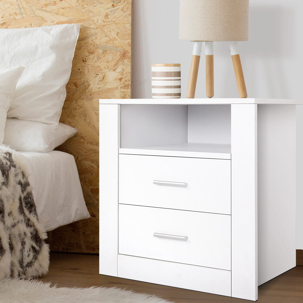 Artiss Bedside Table in white with two drawers and an open shelf, featuring a sleek melamine finish and elegant aluminium handles.