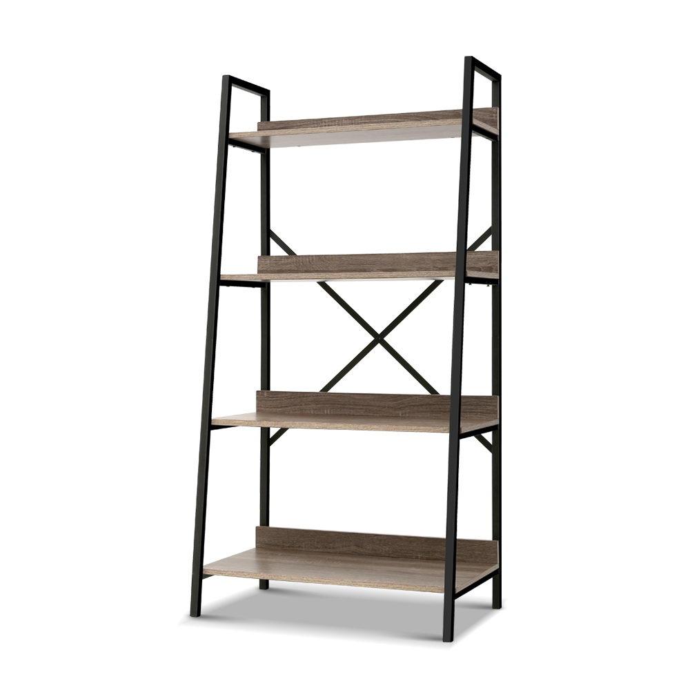 Artiss 4-Tier Metal Bookcase featuring a black metal frame and oak wood-grained shelves, ideal for displaying books and collectibles.