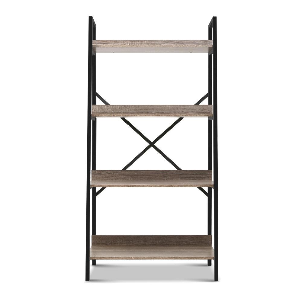 Artiss 4-Tier Metal Bookcase featuring a black metal frame and oak wood-grained shelves, ideal for displaying books and collectibles.