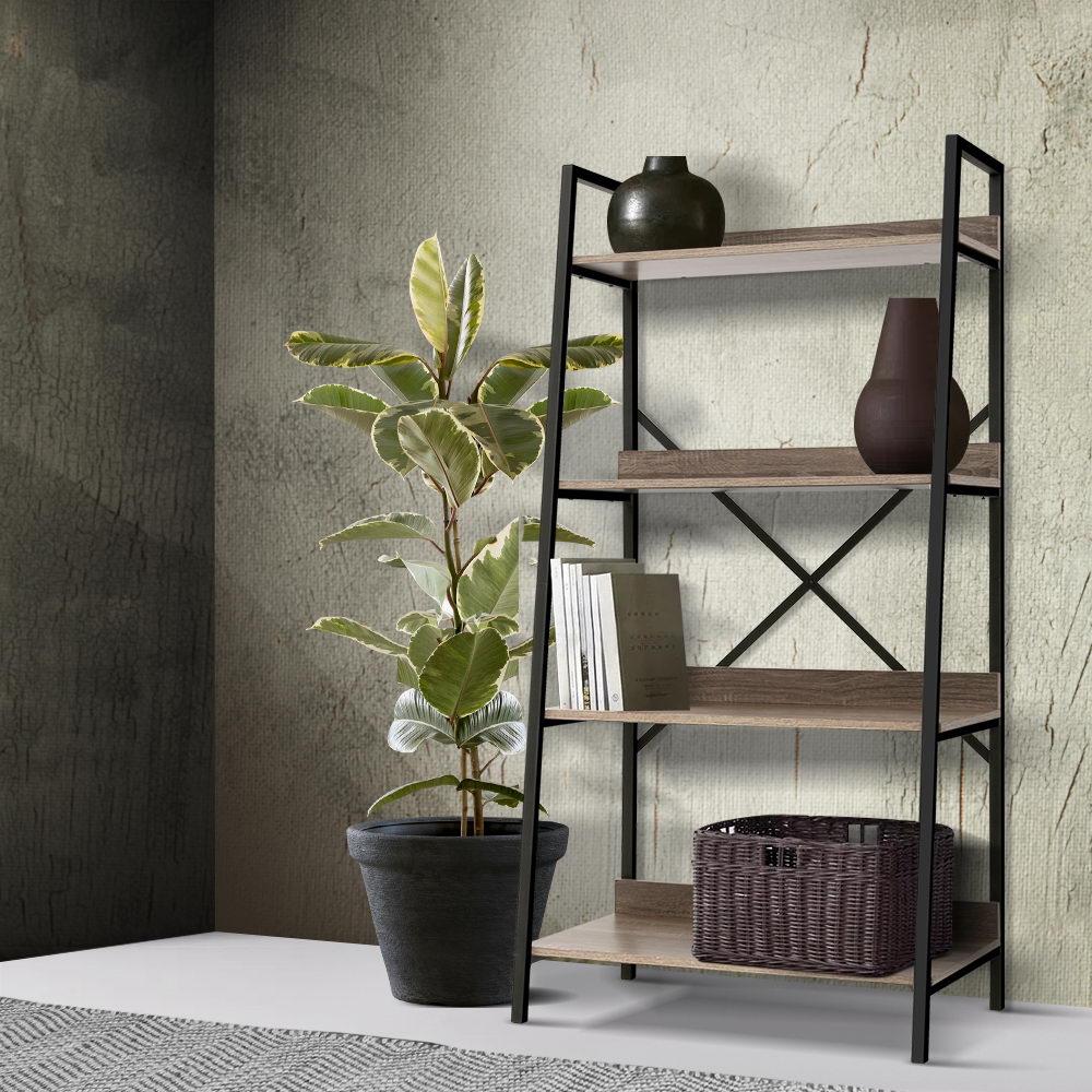 Artiss 4-Tier Metal Bookcase featuring a black metal frame and oak wood-grained shelves, ideal for displaying books and collectibles.