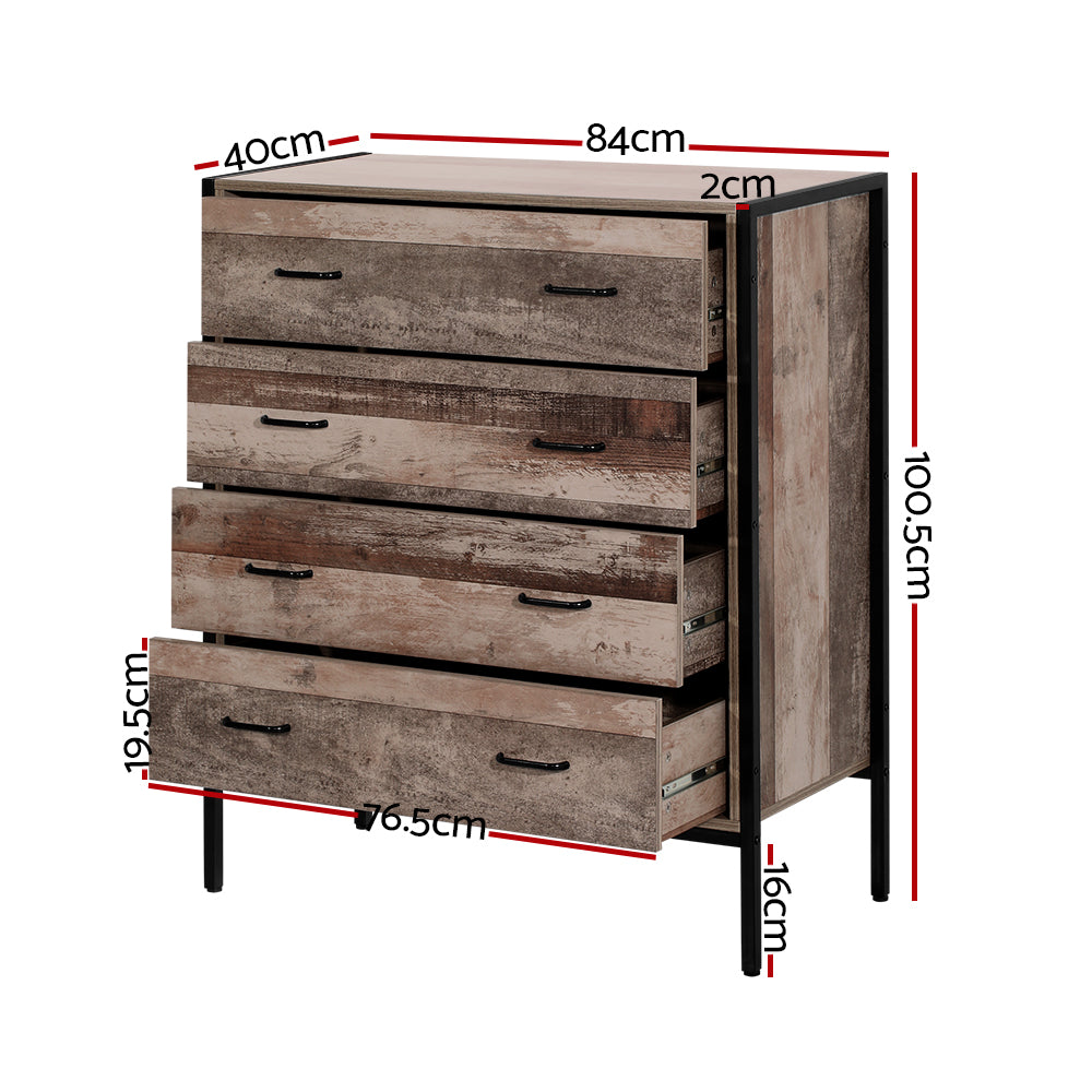 Artiss Chest of Drawers Tallboy Dresser with four spacious drawers and metal tube legs, showcasing a stylish and practical design.