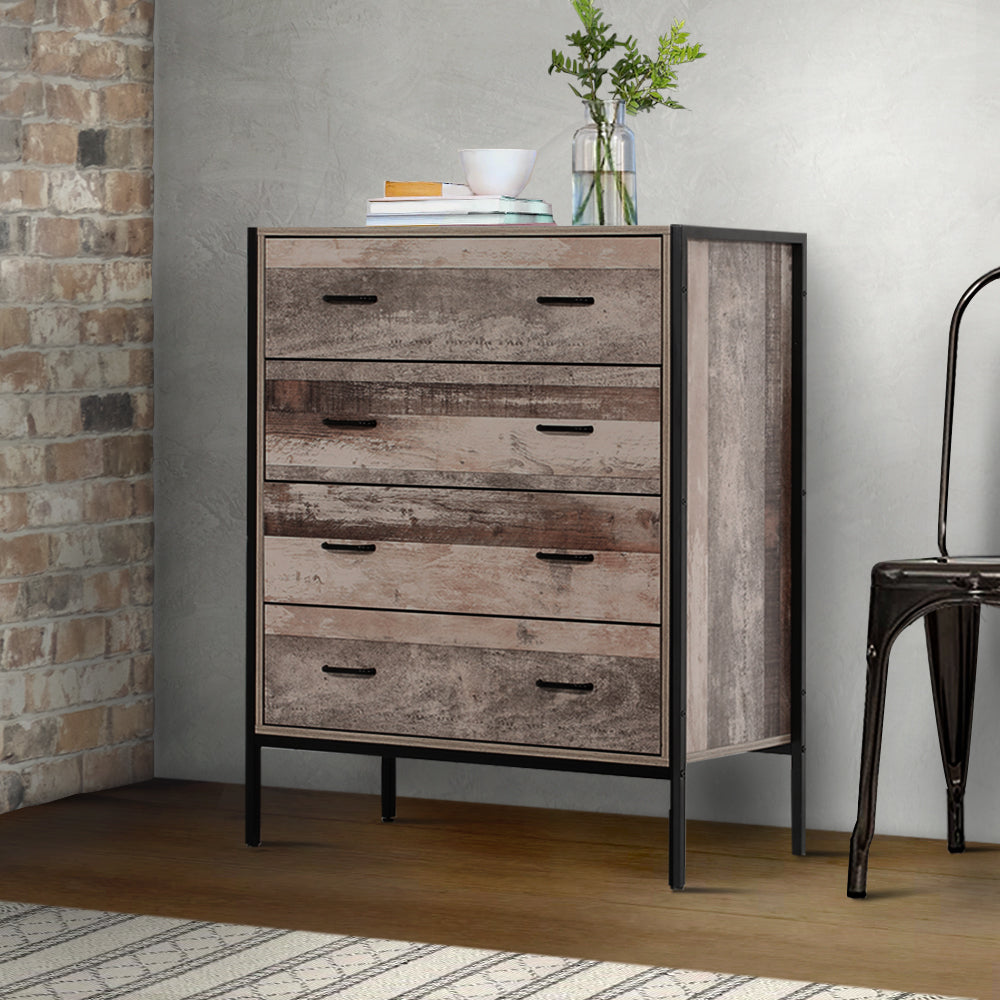 Artiss Chest of Drawers Tallboy Dresser with four spacious drawers and metal tube legs, showcasing a stylish and practical design.