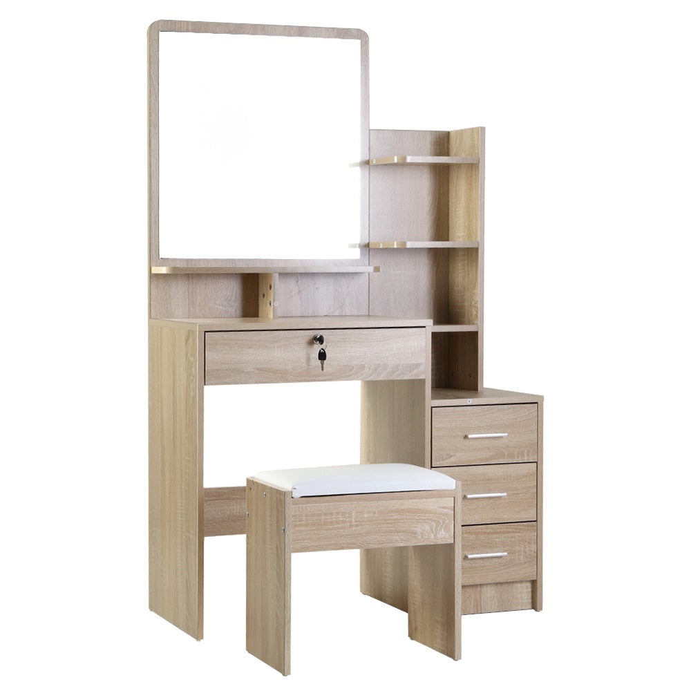 Artiss Dressing Table Mirror Stool Set featuring a sleek mirrored design, spacious drawers, and a thick padded stool in oak color.