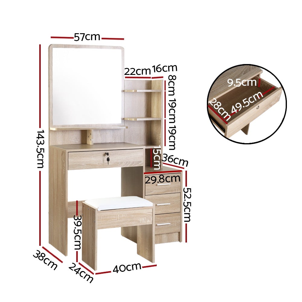 Artiss Dressing Table Mirror Stool Set featuring a sleek mirrored design, spacious drawers, and a thick padded stool in oak color.