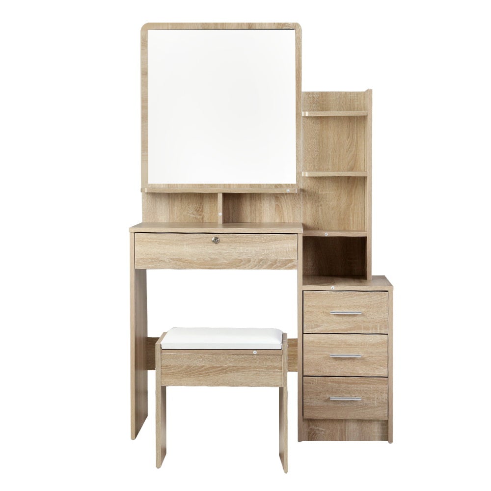 Artiss Dressing Table Mirror Stool Set featuring a sleek mirrored design, spacious drawers, and a thick padded stool in oak color.