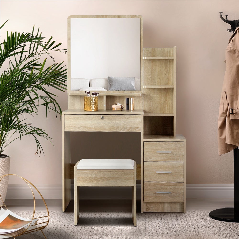 Artiss Dressing Table Mirror Stool Set featuring a sleek mirrored design, spacious drawers, and a thick padded stool in oak color.