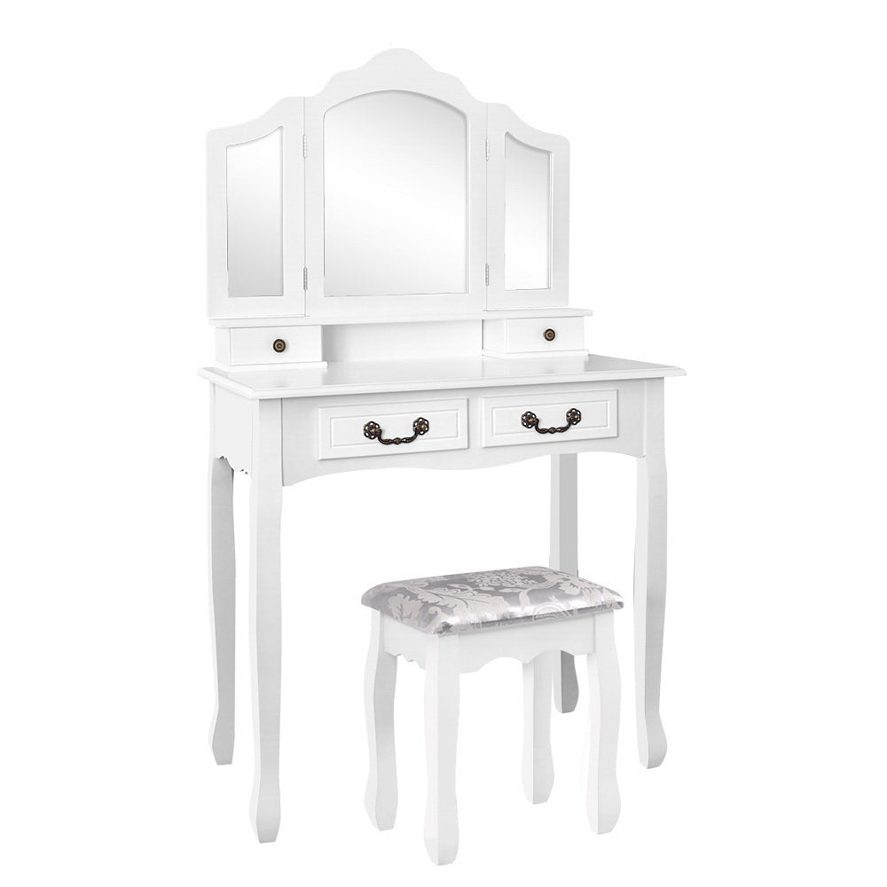 Artiss Dressing Table with Mirror in White featuring elegant design, three-panel mirror, and padded stool with embroidery.