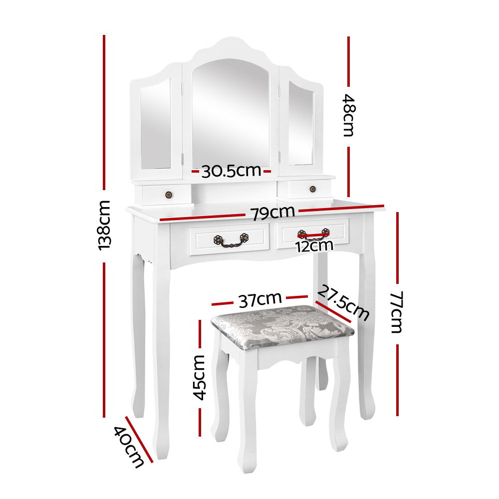 Artiss Dressing Table with Mirror in White featuring elegant design, three-panel mirror, and padded stool with embroidery.