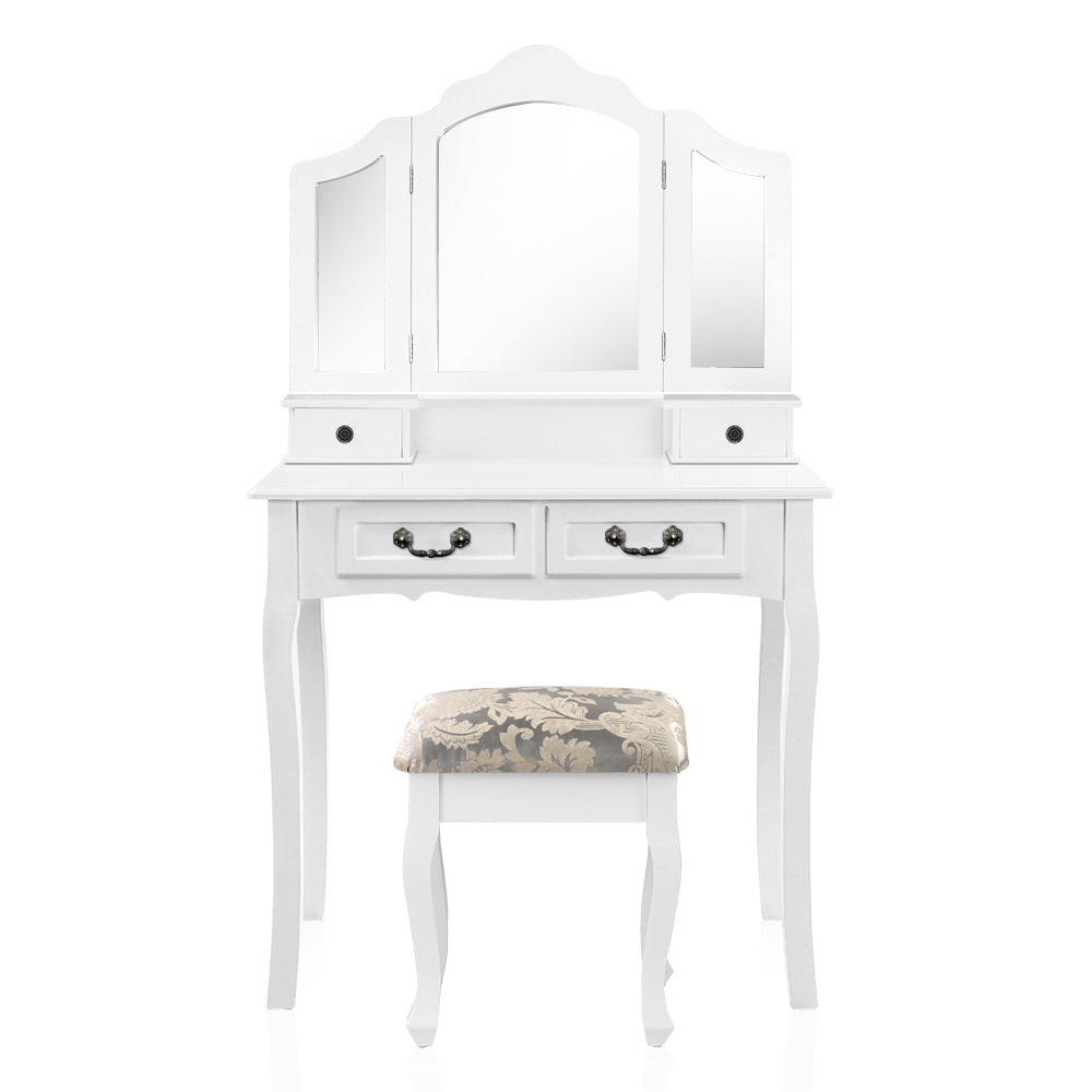 Artiss Dressing Table with Mirror in White featuring elegant design, three-panel mirror, and padded stool with embroidery.