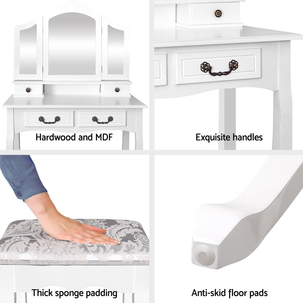 Artiss Dressing Table with Mirror in White featuring elegant design, three-panel mirror, and padded stool with embroidery.