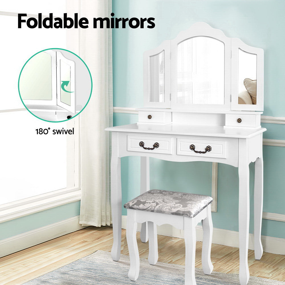 Artiss Dressing Table with Mirror in White featuring elegant design, three-panel mirror, and padded stool with embroidery.