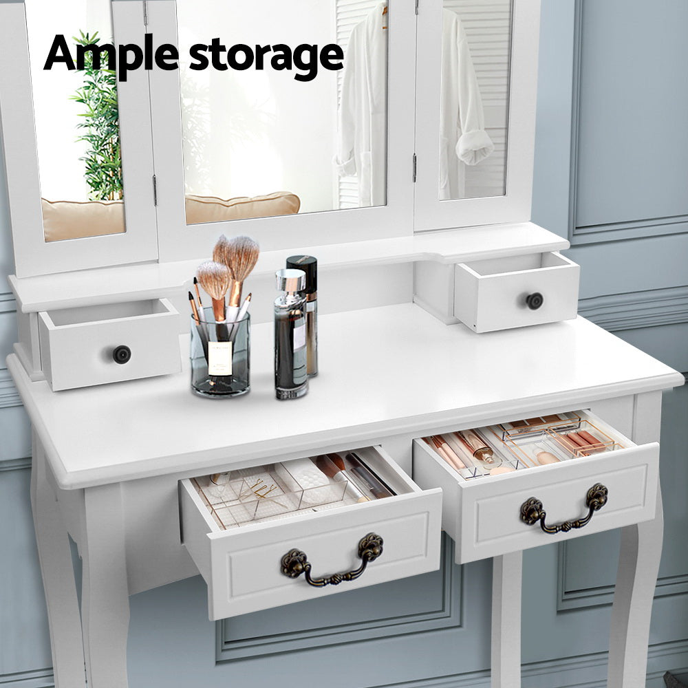 Artiss Dressing Table with Mirror in White featuring elegant design, three-panel mirror, and padded stool with embroidery.