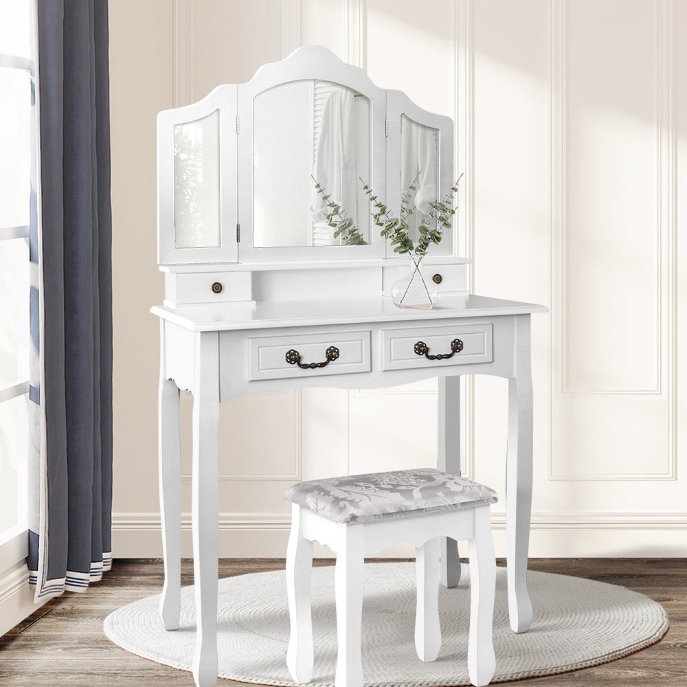 Artiss Dressing Table with Mirror in White featuring elegant design, three-panel mirror, and padded stool with embroidery.