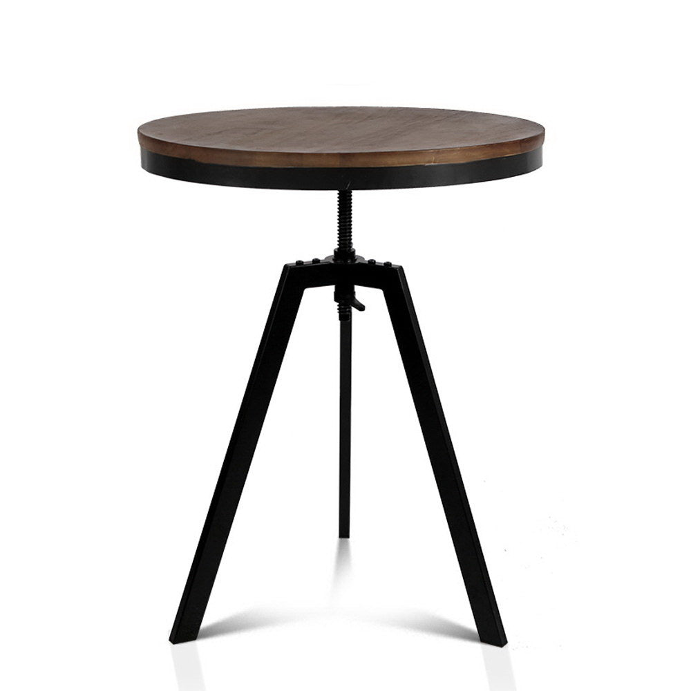 Artiss Elm Wood Round Dining Table in dark brown with a steel base, showcasing its industrial design and adjustable height feature.