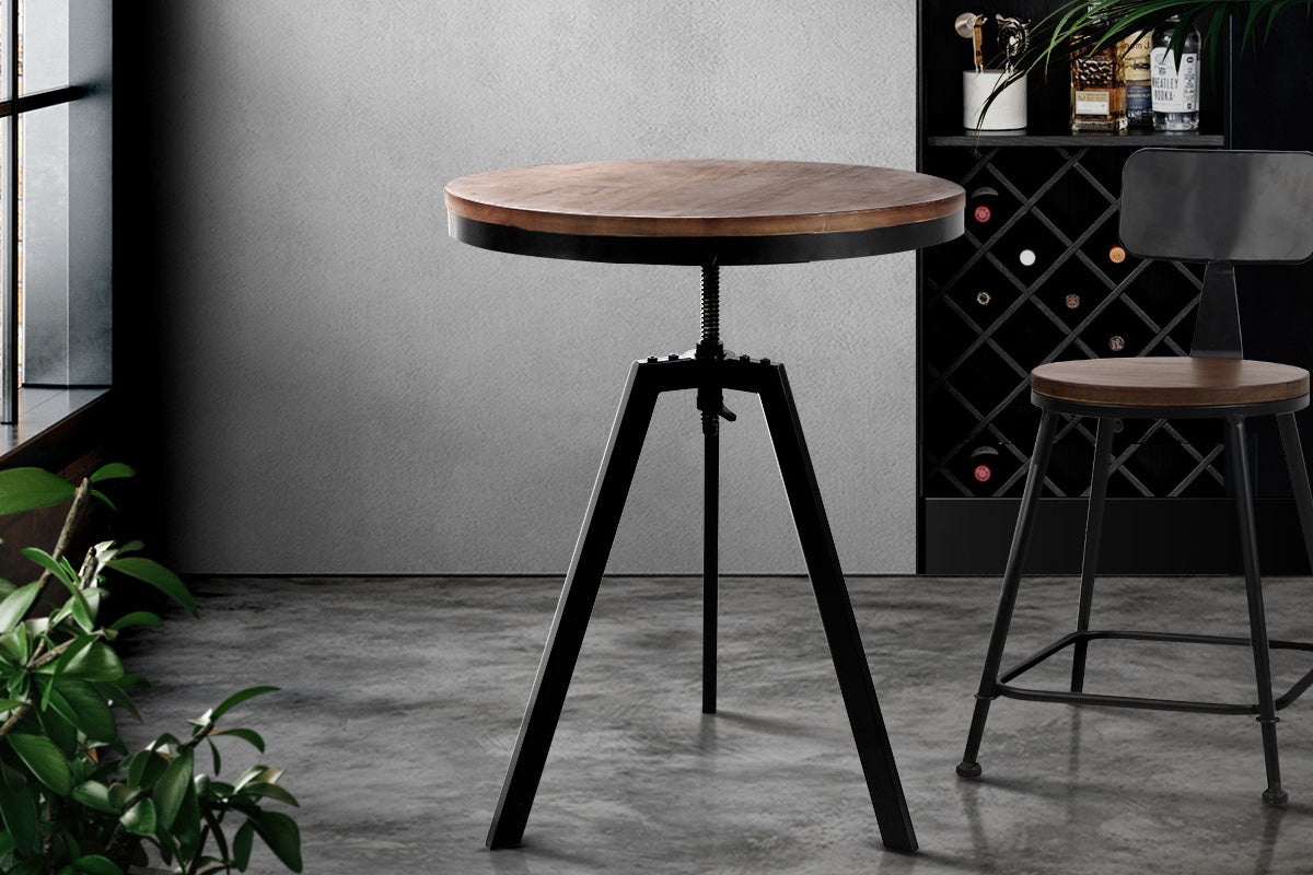 Artiss Elm Wood Round Dining Table in dark brown with a steel base, showcasing its industrial design and adjustable height feature.