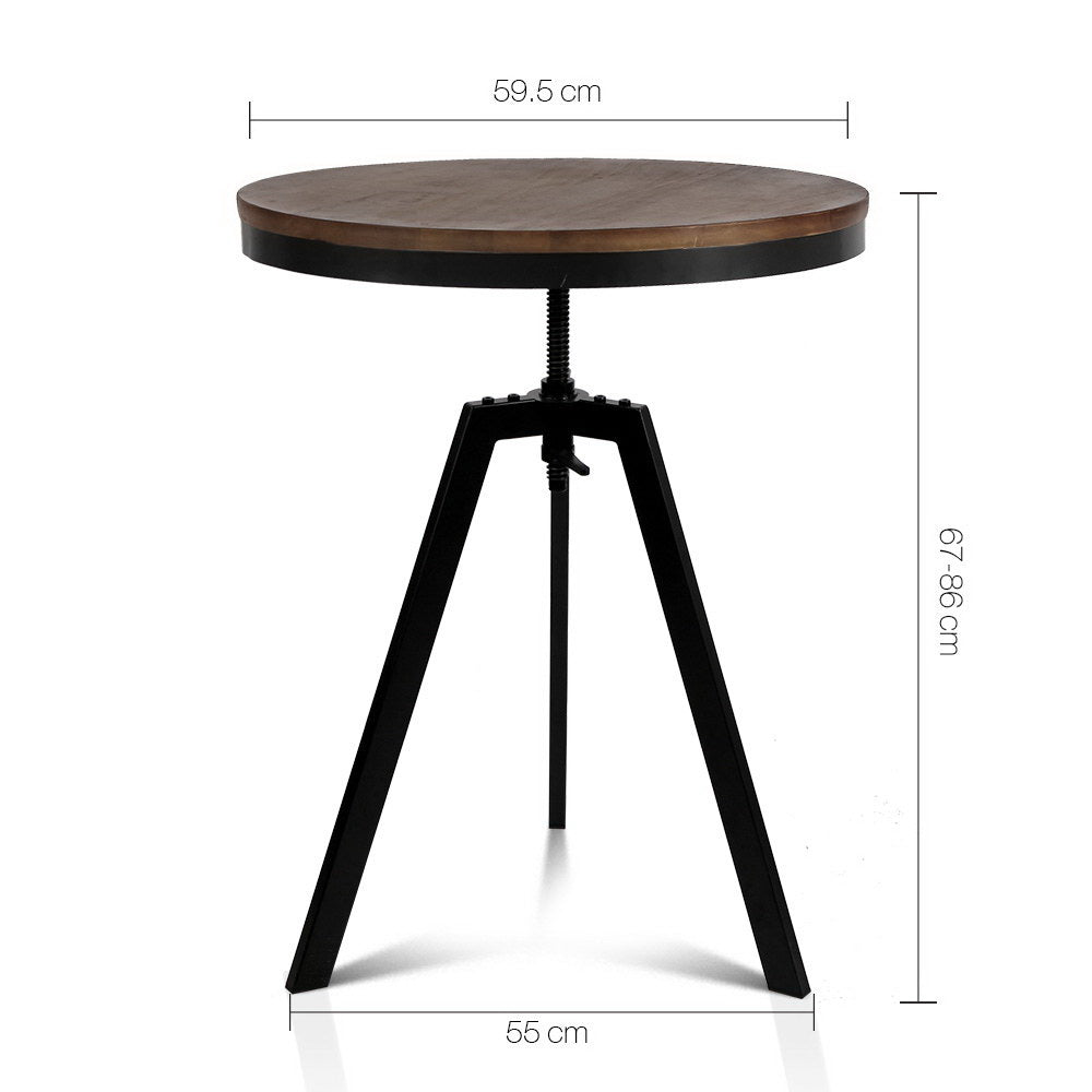 Artiss Elm Wood Round Dining Table in dark brown with a steel base, showcasing its industrial design and adjustable height feature.