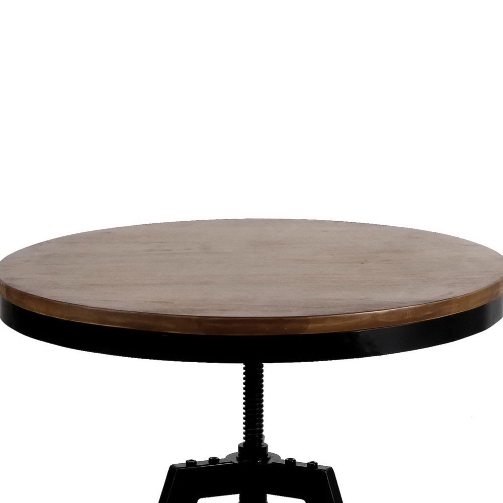 Artiss Elm Wood Round Dining Table in dark brown with a steel base, showcasing its industrial design and adjustable height feature.