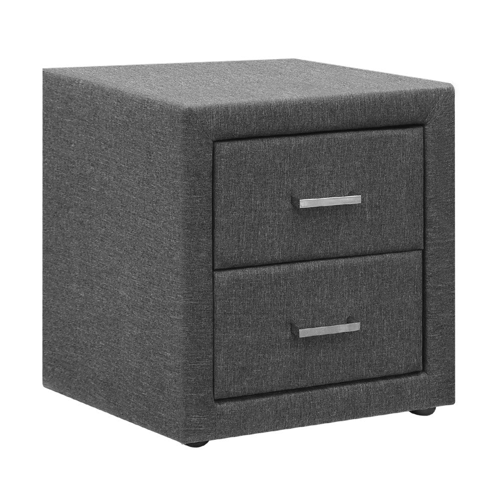 Artiss Fabric Bedside Table in Grey with two drawers and aluminium handles, showcasing modern design and elegant fabric finish.