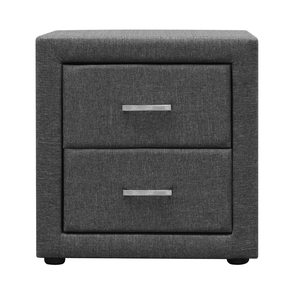 Artiss Fabric Bedside Table in Grey with two drawers and aluminium handles, showcasing modern design and elegant fabric finish.