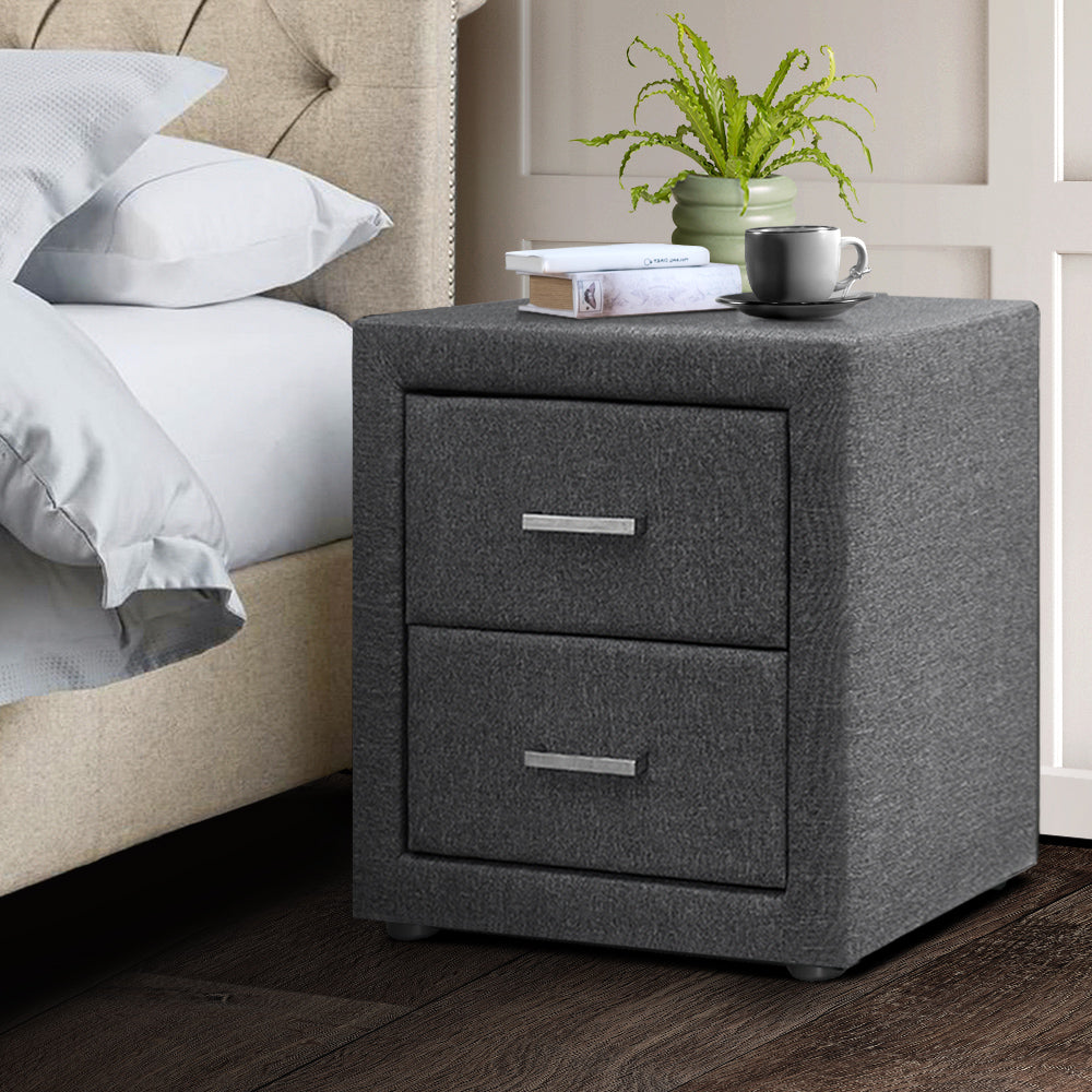 Artiss Fabric Bedside Table in Grey with two drawers and aluminium handles, showcasing modern design and elegant fabric finish.