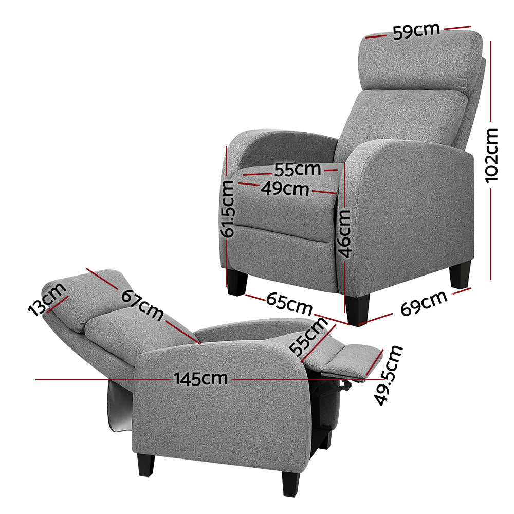 Artiss Fabric Reclining Armchair in Grey, featuring a sleek design, plush cushioning, and adjustable reclining positions for ultimate comfort.