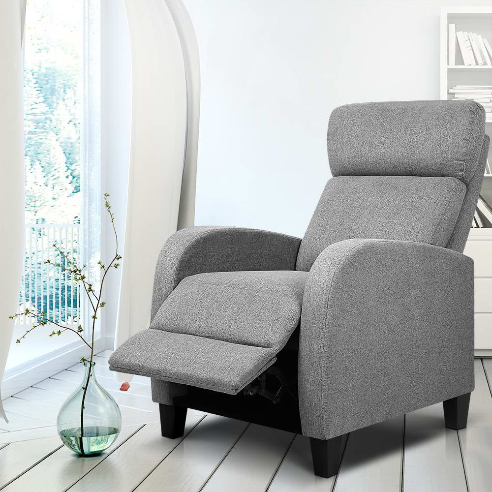 Artiss Fabric Reclining Armchair in Grey, featuring a sleek design, plush cushioning, and adjustable reclining positions for ultimate comfort.