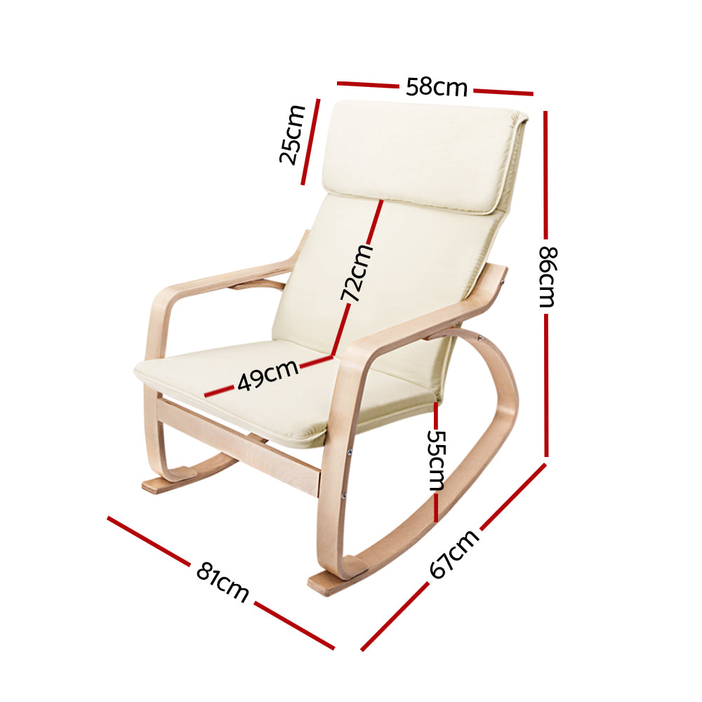 Artiss Fabric Rocking Armchair in Beige with bentwood frame and soft cotton upholstery, showcasing ergonomic design and removable cover.