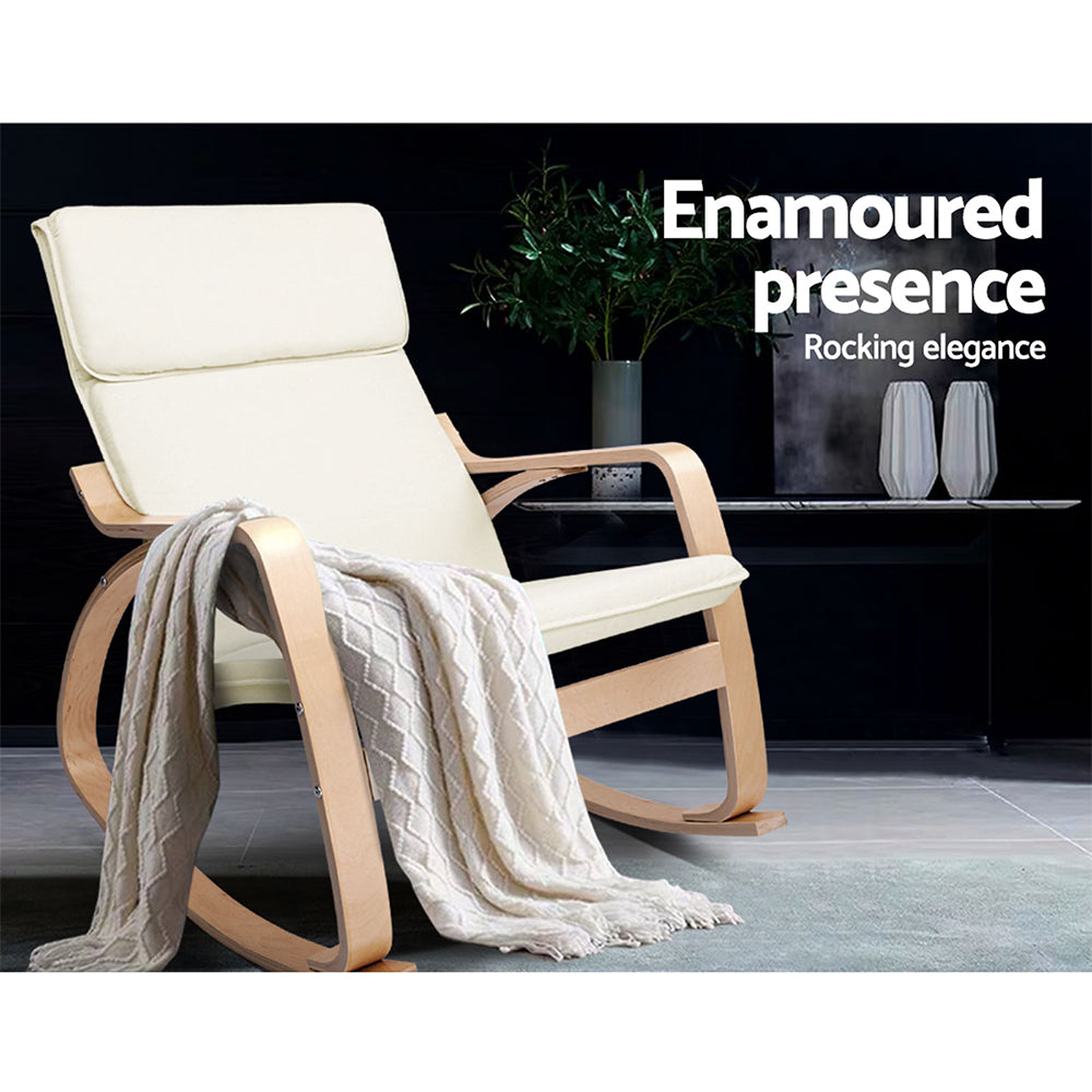 Artiss Fabric Rocking Armchair in Beige with bentwood frame and soft cotton upholstery, showcasing ergonomic design and removable cover.