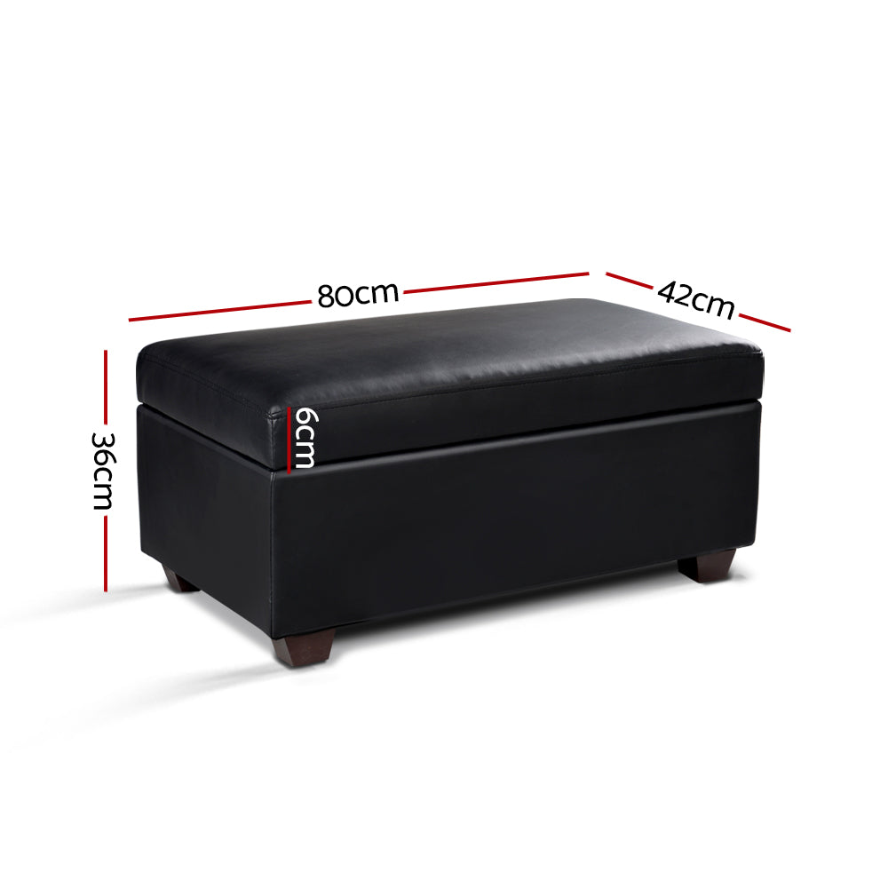 Artiss Faux PU Leather Storage Ottoman in black, featuring a cushioned top and spacious storage compartment.