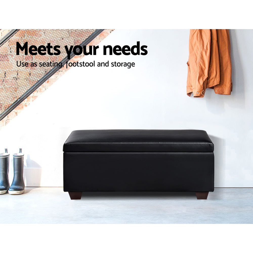 Artiss Faux PU Leather Storage Ottoman in black, featuring a cushioned top and spacious storage compartment.