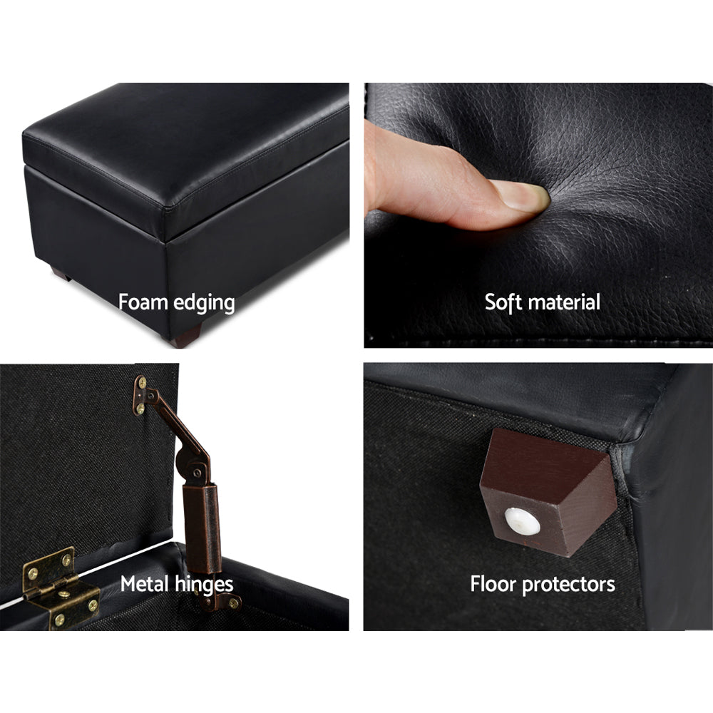 Artiss Faux PU Leather Storage Ottoman in black, featuring a cushioned top and spacious storage compartment.