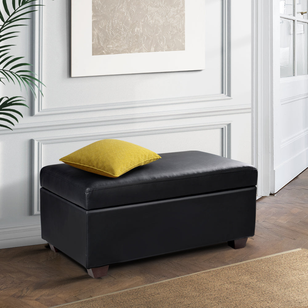 Artiss Faux PU Leather Storage Ottoman in black, featuring a cushioned top and spacious storage compartment.