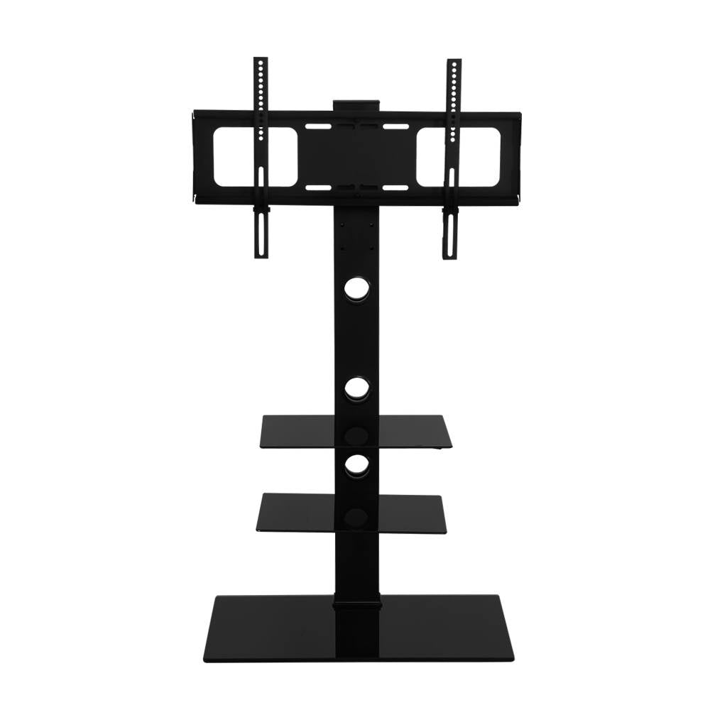 Artiss Floor TV Stand Bracket Mount, adjustable for 32 to 70 inch TVs, featuring a sleek black design with tempered glass shelves.